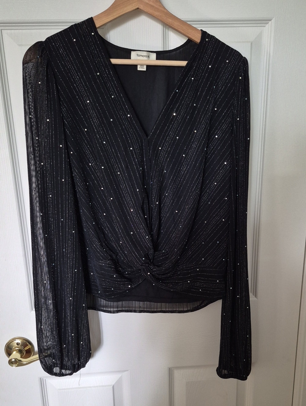 Tamara H. Black Shimmer Rhinestone Faux Wrap Top L